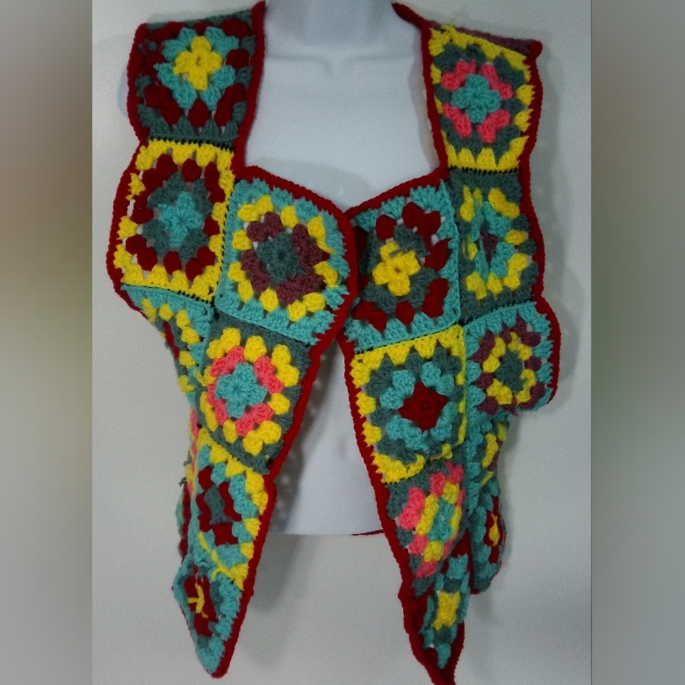 Handmade Granny Square Vest Size XS - S Multicolor Open Front